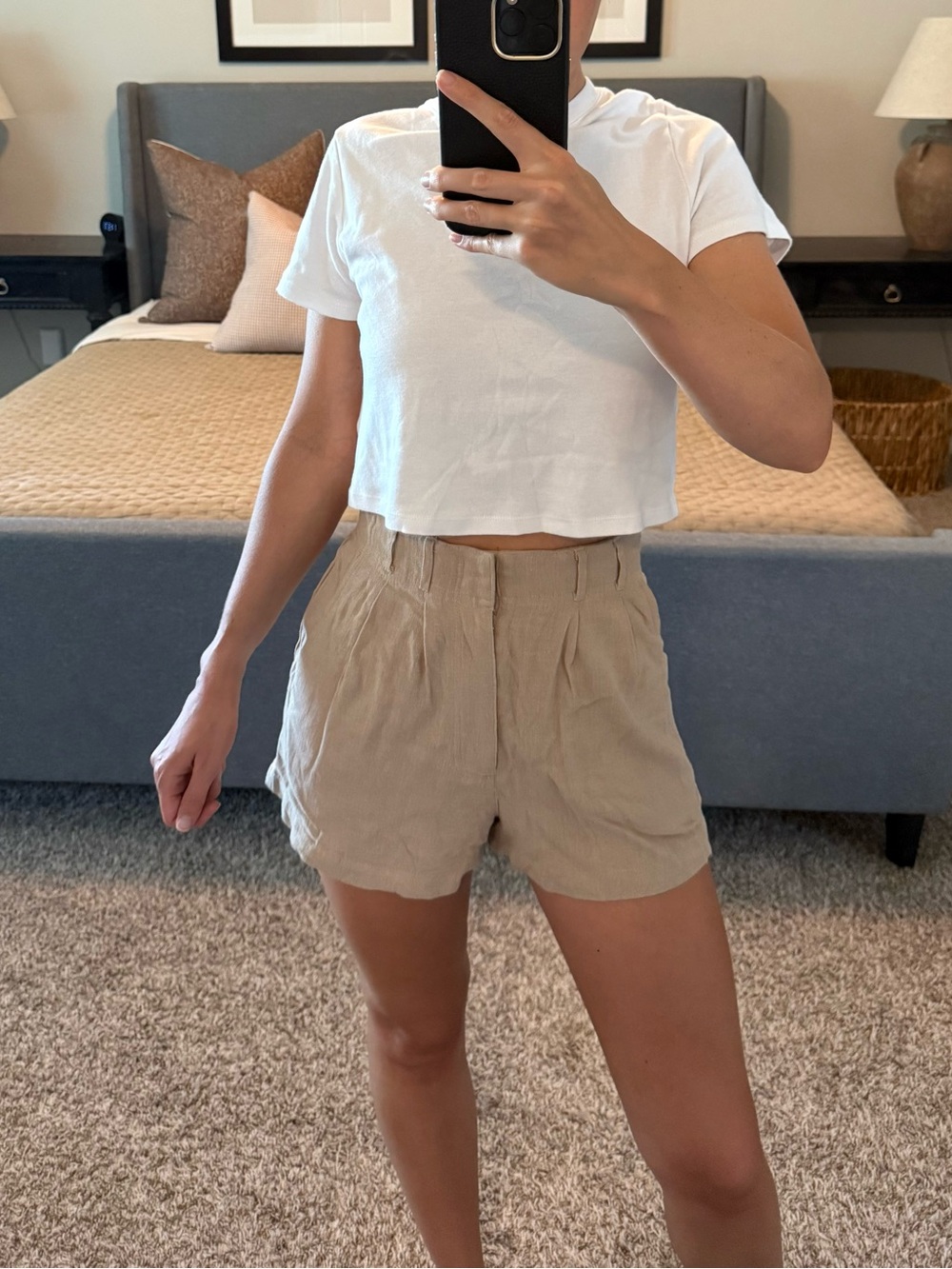 Lightweight Tan High-Waist Linen-Blend Women's Shorts